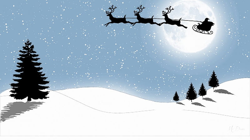 Christmas Eve So Simple, sleigh, Christmas, Feliz Navidad, trees, sky, Santa, ntains, mountains, full moon, reindeer, HD wallpaper