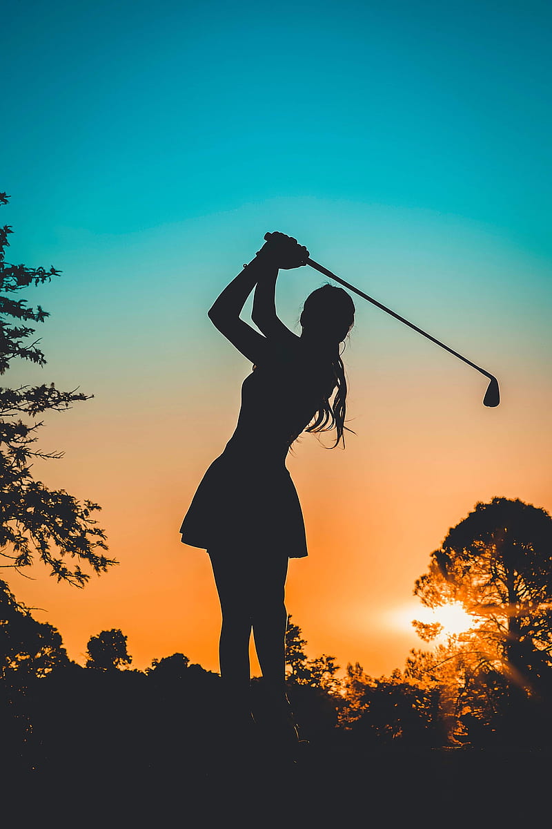 golf club, attached, attractive, bonito, court, evening, girl, golf, landscape, HD phone wallpaper