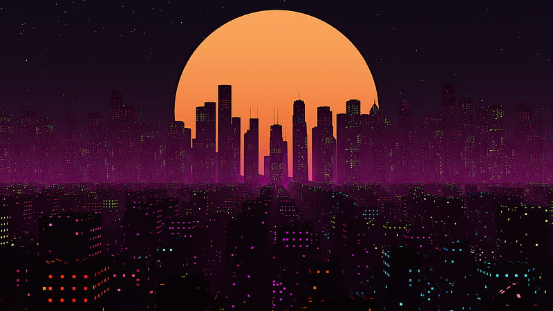 Retrowave City Sunset , retrowave, artist, artwork, digital-art, city, HD wallpaper