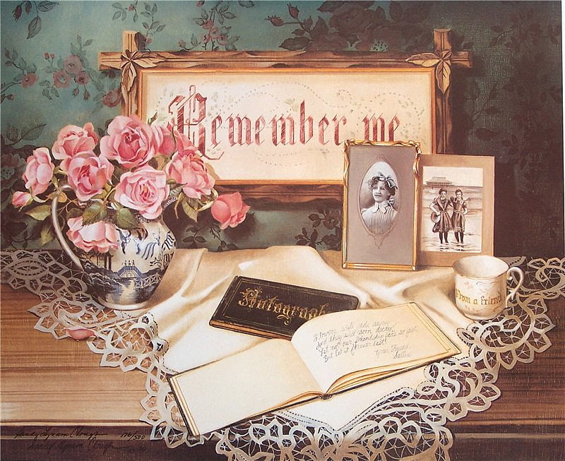 Sweet Memories, table, doily, frames, pitcher, book, autographs, painting, plaque, cup flowers, petals, HD wallpaper