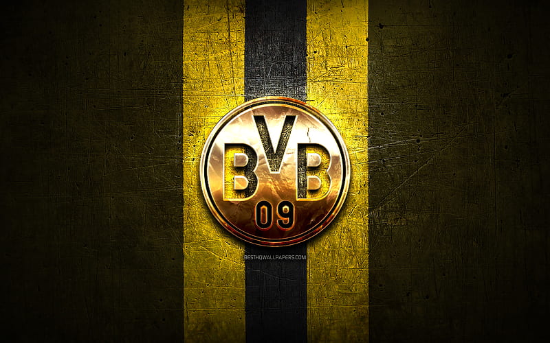 Borussia Dortmund FC, golden logo, Bundesliga, yellow metal background, football, Borussia Dortmund, german football club, Borussia Dortmund logo, soccer, Germany, HD wallpaper