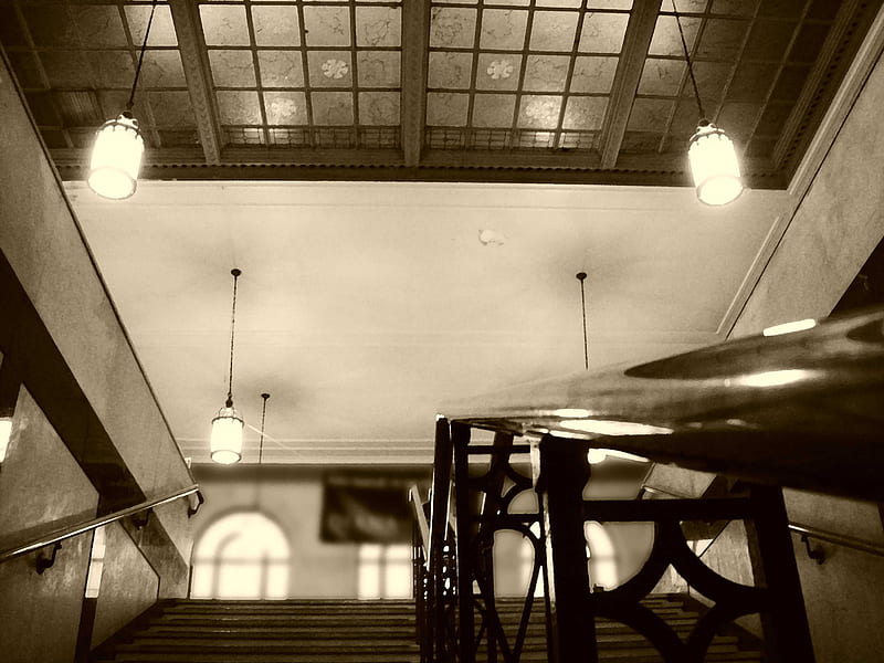 Inside Station, glass, sepia, train, railing, station, stairs, ceiling, light, HD wallpaper