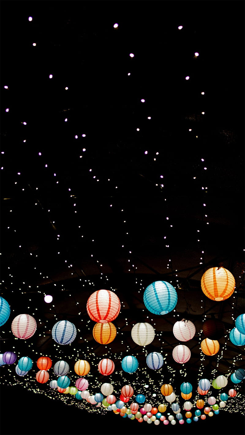Chinese lanterns, background, beauty, black, colorful, s7, s8, sky, HD phone wallpaper