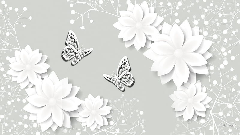 White Shadows, gray, cut outs, black and white, flowers, shadows, butterflies, paper, HD wallpaper