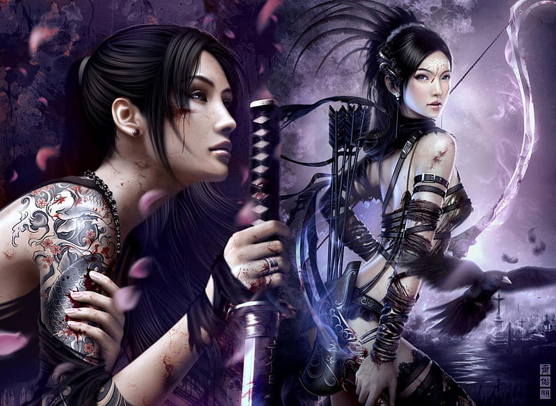 Wibisono Warriors, female, tattoo, thigh highs, bow, knife, arrows, weapons, fantasy, girl, dagger, sword, black hair, HD wallpaper