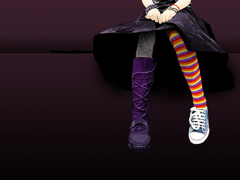 PuNkKY LeGSS!!, clothes, mismatch, stripes, socks, black, punk, goth, girl, purple, fashion, HD wallpaper