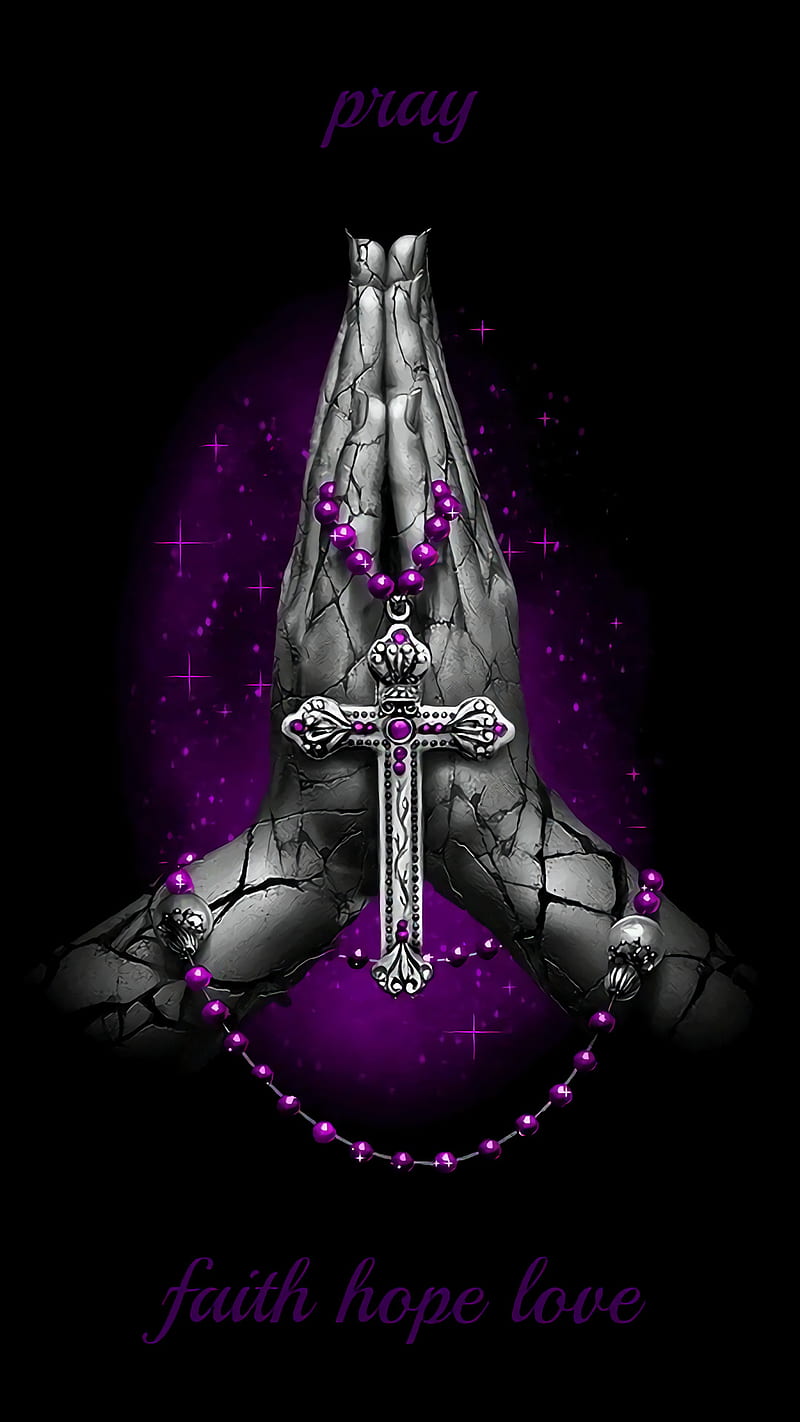 Purple Rosary, black, faith, hope, love, praying, praying hands, HD phone wallpaper
