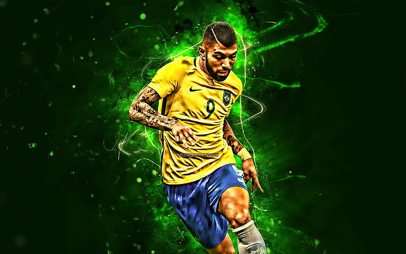 Gabriel Barbosa, match, Brazil National Team, forward, fan art, Barbosa, Neymar JR, soccer, neon lights, football stars, Brazilian football team, HD wallpaper