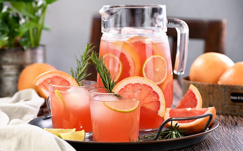 grapefruit juice, glass jug with juice, citrus juice, grapefruits, citruses, juice, HD wallpaper