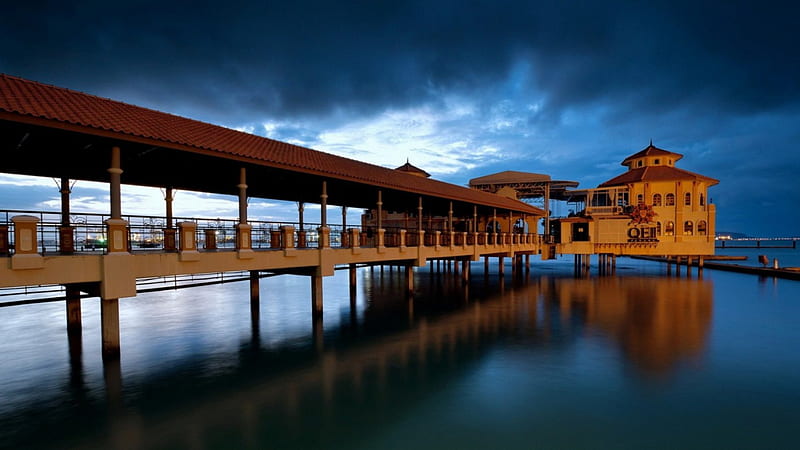 lovely pier with a tiled roof, roof, pier, clouds, bay, tiles, HD wallpaper
