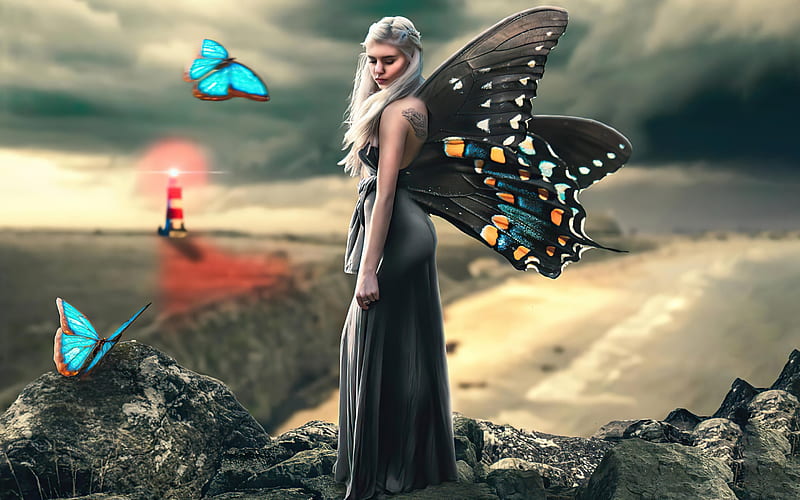 Fairy Queen, Lighthouse, Butterflies, Wings, Blonde, Artwork, HD wallpaper