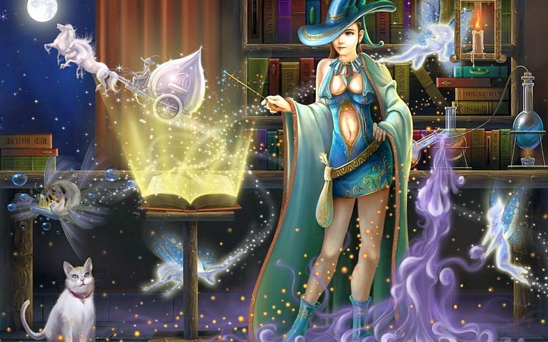 The Magic Spell, witch, art, girl, book, cat, fairy, spell, HD wallpaper