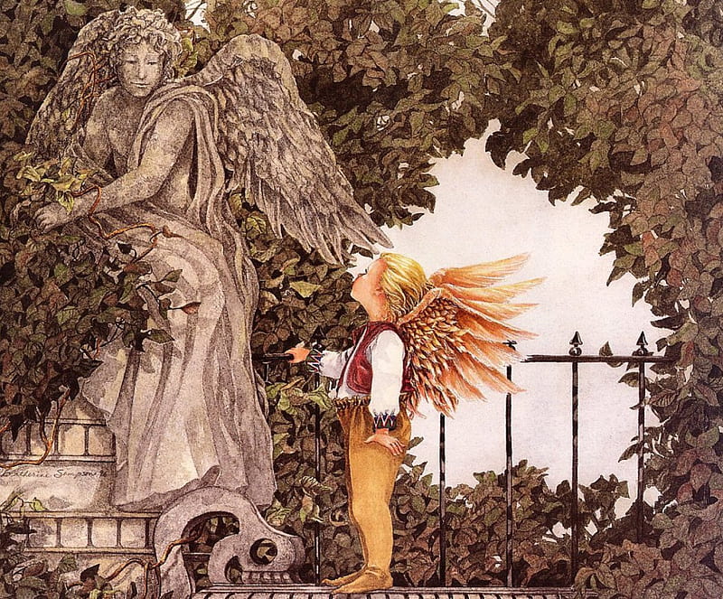 Little angel, art, wings, little, angel, park, cute, tree, boy, statue, stone, feather, painting, child, HD wallpaper