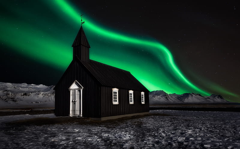 Aurora Borealis over Church, HD wallpaper
