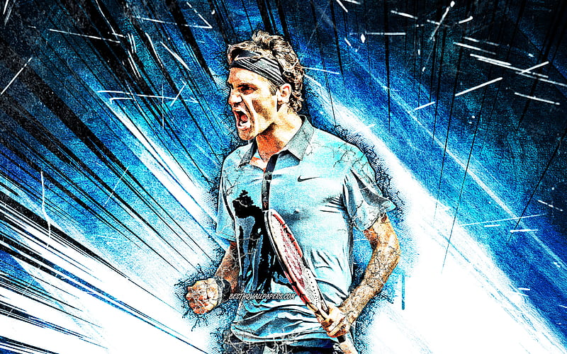Roger Federer, grunge art, swiss tennis players, ATP, tennis, Federer, blue abstract rays, HD wallpaper
