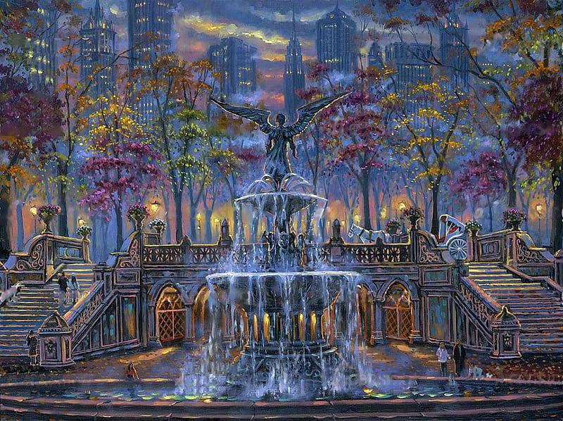 Angel of the Waters, fountain, people, painting, stairs, horse, coach, artwork, skyscrapers, HD wallpaper