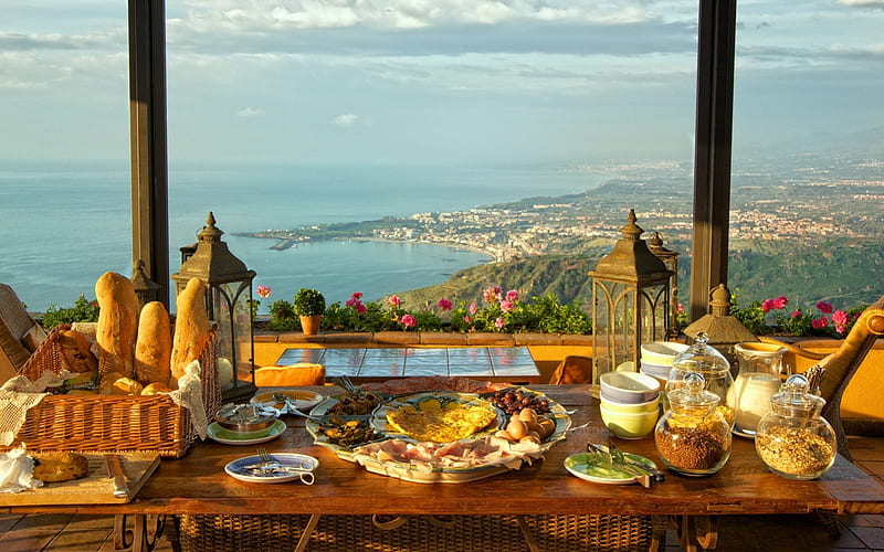 Good morning Italy, tables, view, port, cups, HD wallpaper