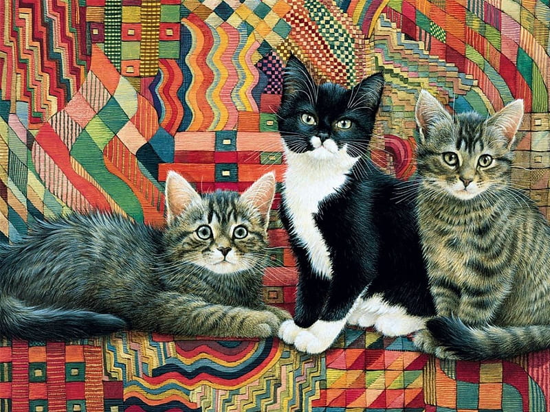 Cats at Home, painting, kitten, sofa, artwork, HD wallpaper
