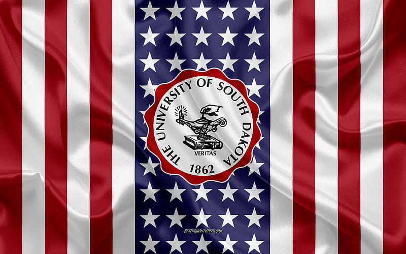 University of South Dakota Emblem, American Flag, University of South Dakota logo, Vermillion, South Dakota, USA, University of South Dakota, HD wallpaper