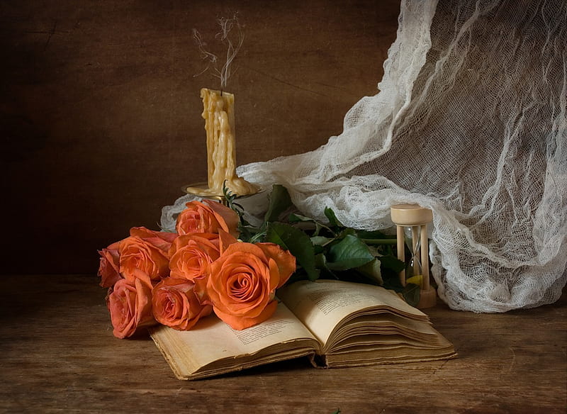 still life, pretty, rose, book, bonito, candlestick, graphy, nice, flowers, harmony candle, lovely, roses, hourglass, cool, bouquet, flower, HD wallpaper