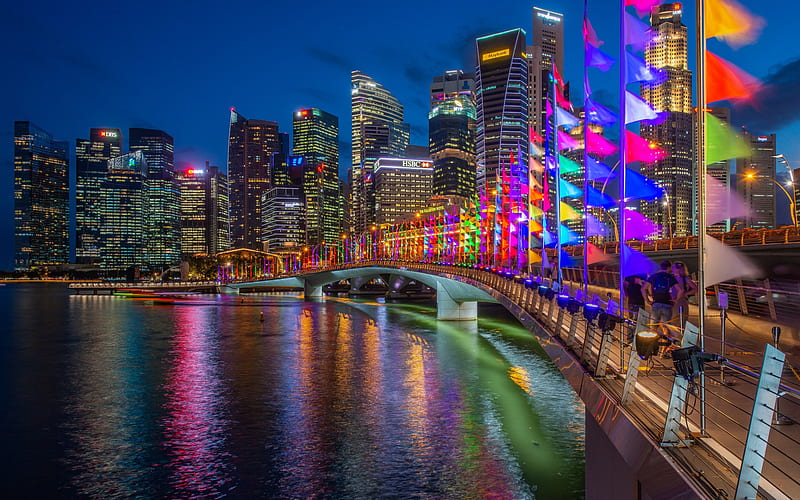 Marina Bay, Singapore, Jubilee Bridge, night, skyscrapers, modern buildings, Singapore skyline, cityscape, HD wallpaper