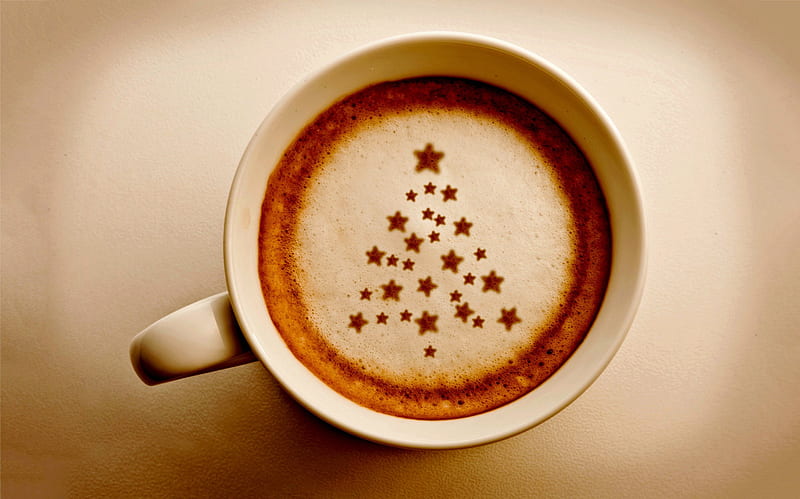 CHRISTMAS COFFEE, COFFEE, FOAM, cHRISTMAS, CREATIVE, TREE, HD wallpaper