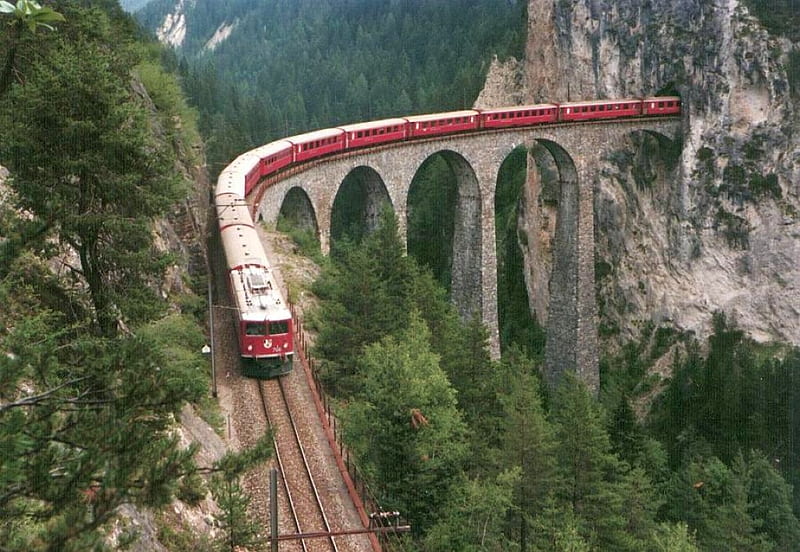 Train in Mountains, cool, train, bridge, high, mountains, HD wallpaper
