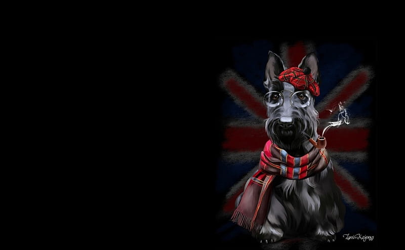 Cute puppy, red, glasses, card, animal, child, dog, puppy, blue, art, lorri kajenna, british, black, flag, hat, terrier, scarf, pipe, HD wallpaper