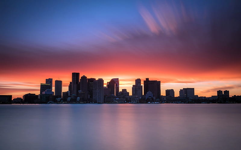 Boston, sunset, evening, skyscrapers, cityscape, skyline, Piers Park, East Boston, Massachusetts, USA, HD wallpaper