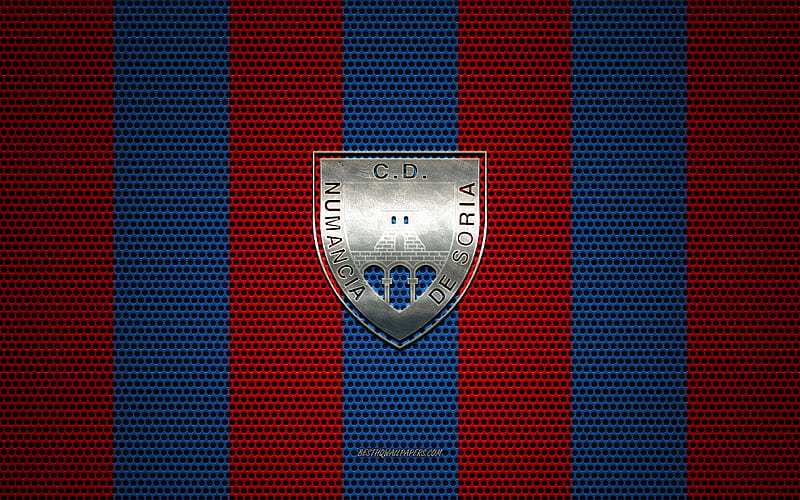CD Numancia logo, Spanish football club, metal emblem, red-blue metal mesh background, CD Numancia, Segunda, Soria, Spain, football, HD wallpaper
