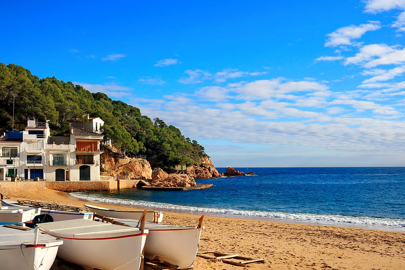 Costa Brava, view, breeze, bonito, Spain, sea, boats, village, bach, sands, coast, HD wallpaper