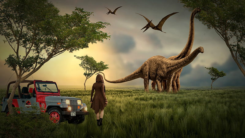 Scene Recreated from Jurassic Park, jeep, jurassic park, movies, dinosaurs, HD wallpaper
