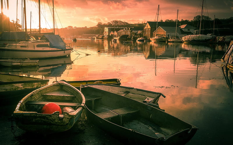 morning, wooden boats, yachts, bay, fog, Penrin, Cornwall, England, UK, HD wallpaper
