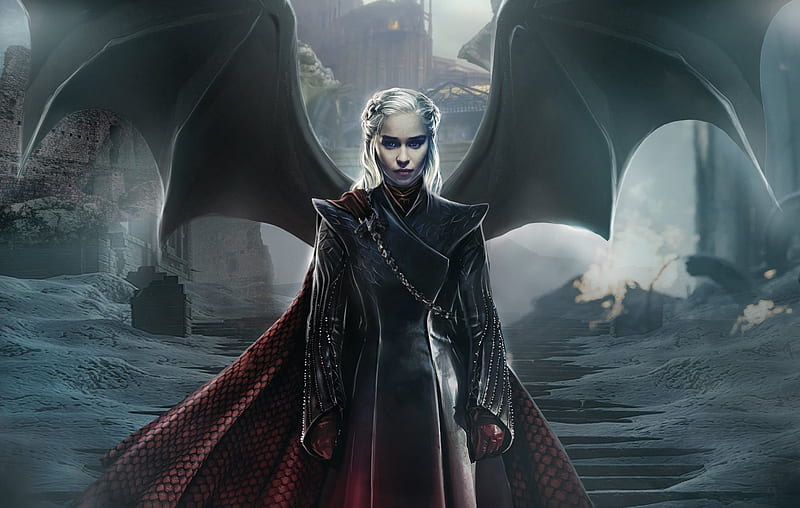 Daenerys Targaryen, game of thrones, wings, girl, mad queen, black, army, HD wallpaper
