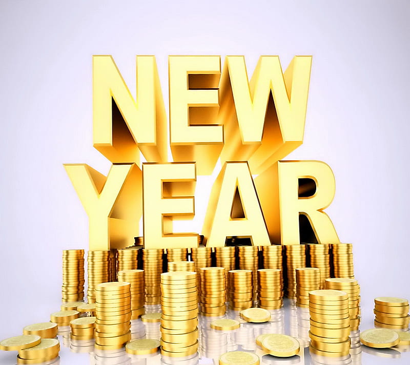 Happy New Year, coins, golden, money, HD wallpaper