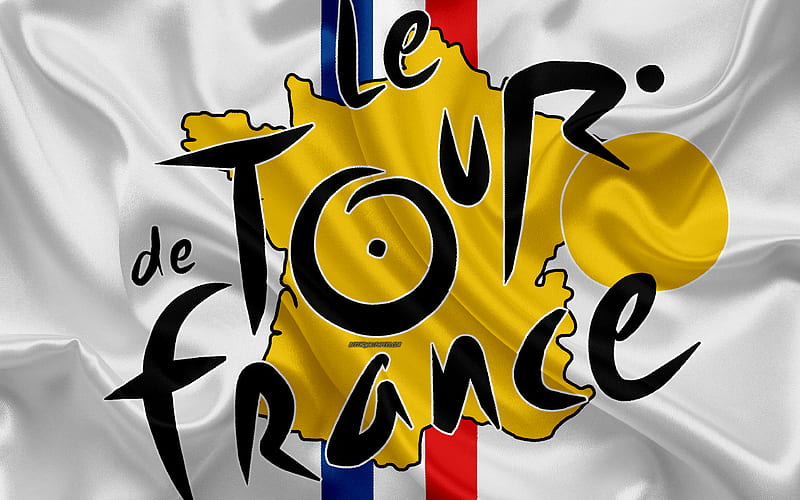 Tour de France, 2018 multiple stage bicycle race, logo, silk texture, silhouettes of map of France, white silk flag, French flag, France, bicycle race, HD wallpaper