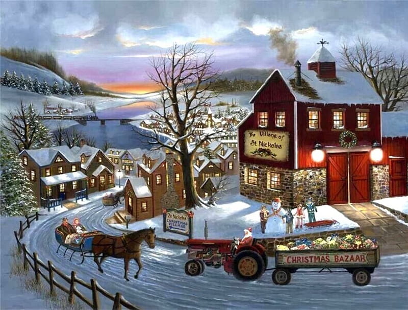 The Village of St. Nickolas, Christmas, cozy, houses, Quaint, winter, santa, snow, village, Painting, gifts, HD wallpaper