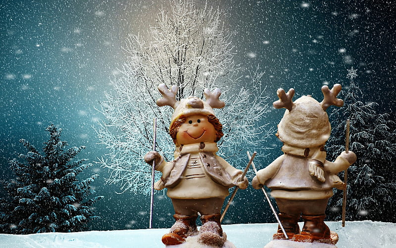 gnomes skiers, winter, christmas decorations, snowdrifts, xmas backgrounds, christmas concepts, happy new year, xmas decorations, background with gnomes, HD wallpaper