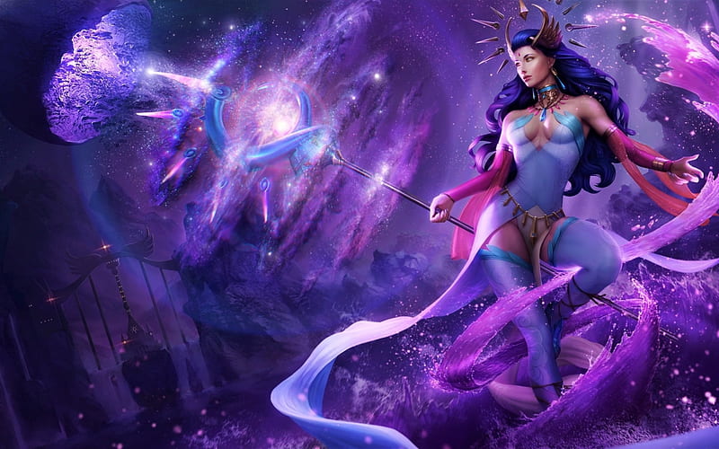 Sorceress, girl, magic wand, cave, art, water, digital, HD wallpaper