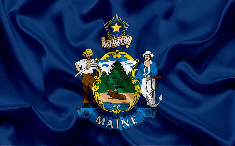 Maine Flag, flags of States, flag State of Maine, USA, state Maine, blue silk flag, Maine coat of arms, HD wallpaper