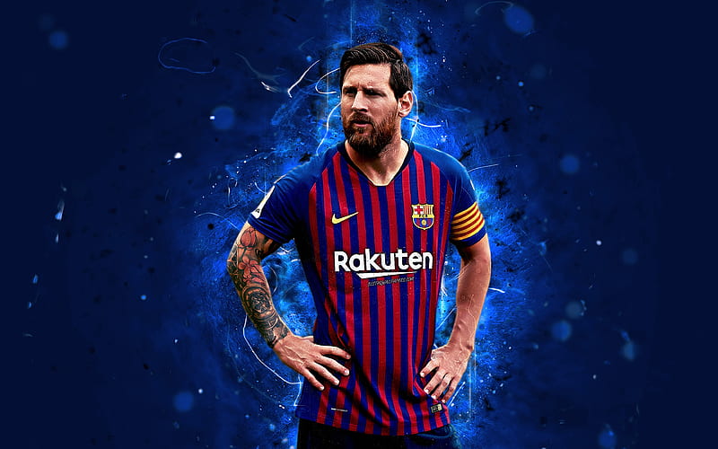 Lionel Messi argentinian footballer, 2018, Barcelona FC, La Liga, Messi, Barca, Leo Messi, neon lights, soccer, LaLiga, HD wallpaper