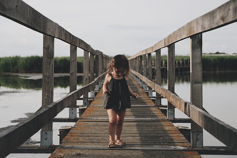 girl wearing black camisole walking on dock, HD wallpaper