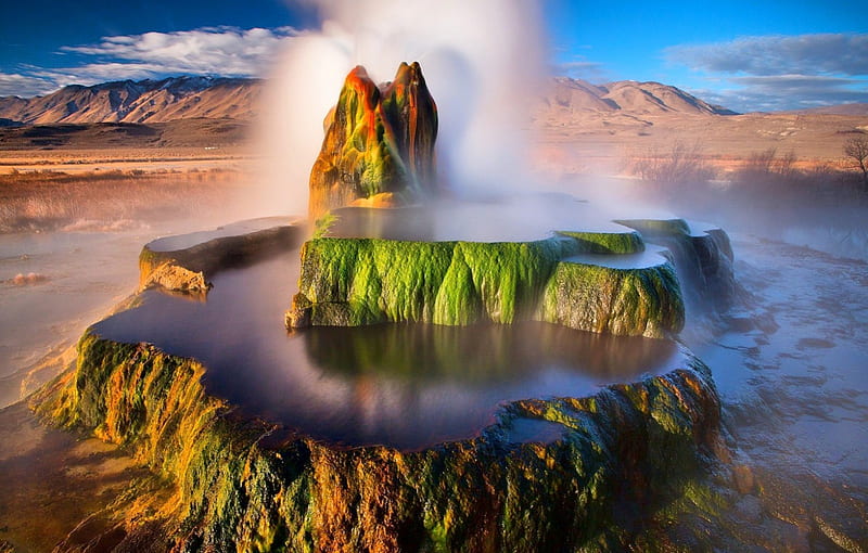 Fly Geyser, Black Rock Desert, stream, desert, mountains, bonito, Nevada, pool, geyser, HD wallpaper