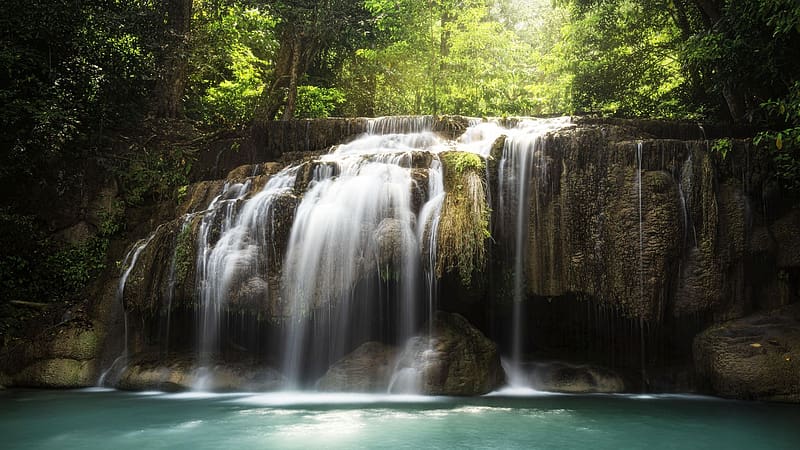 Waterfall in Erawan National Park, Thailand, rocks, forest, river, trees, cascades, pond, HD wallpaper
