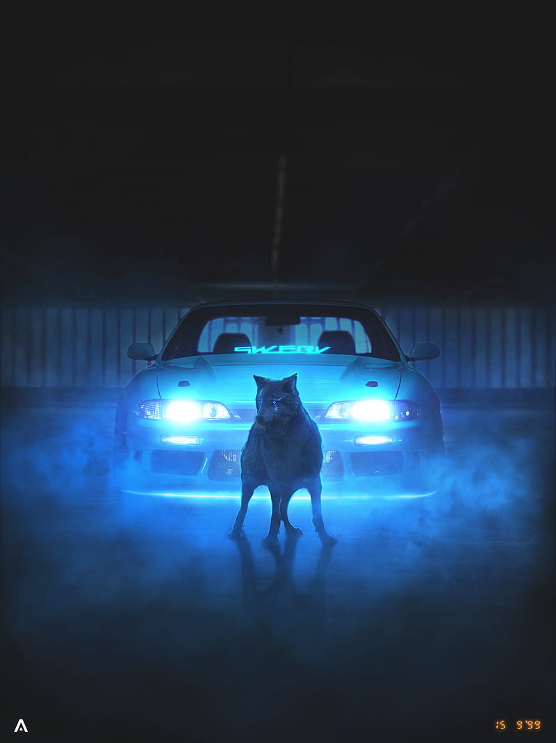 wolf, car, neon, light, smoke, HD phone wallpaper