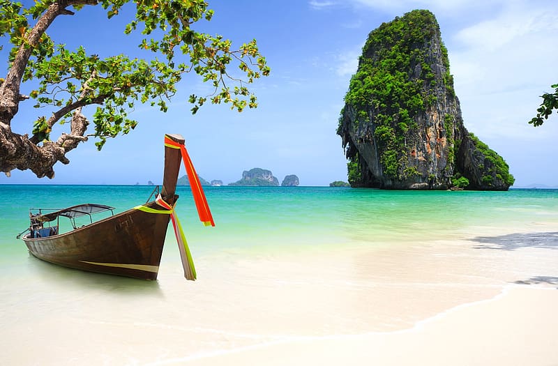 Beach, Sand, Cliff, Boat, Tropics, Lagoon, Tropical, , Thailand, Phuket, HD wallpaper