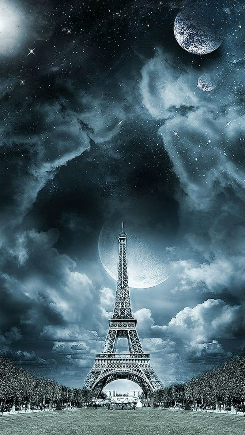 Eiffel Tower Paris, moon, paris, stars, tower, HD phone wallpaper