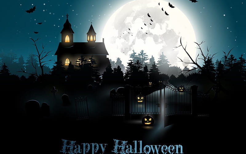 Happy halloween, colorful, autumn, harvest, bats, bonito, octobre, moon, splendor, pumpkin, dark, magical, color, castle, masque, night, HD wallpaper
