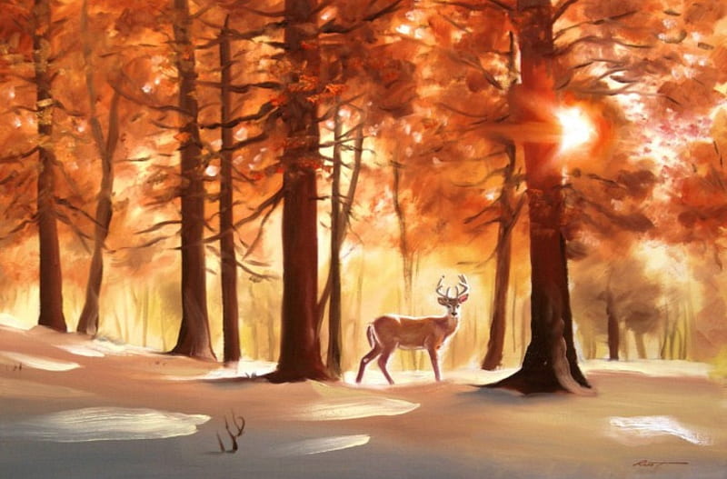 Deer in Autumn Snow, forest, painting, sunshine, trees, artwork, HD wallpaper