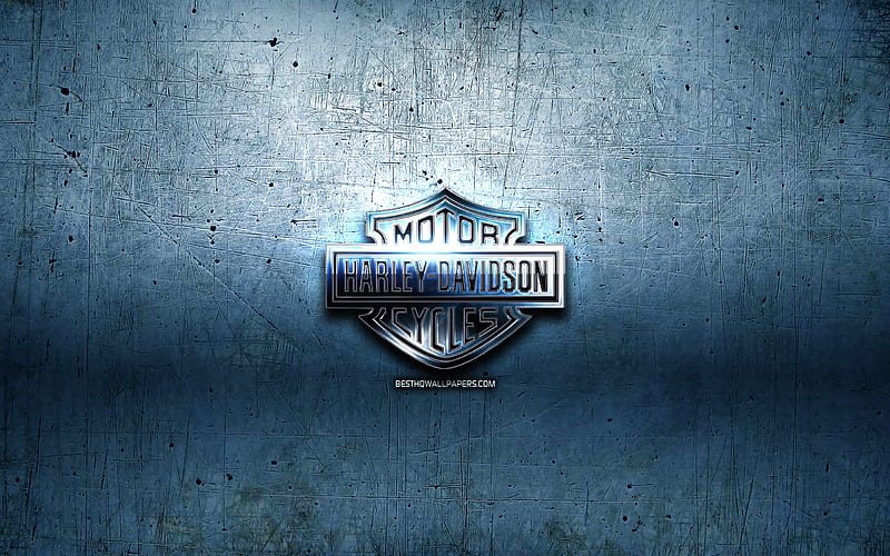 Harley-Davidson metal logo, blue metal background, artwork, Harley-Davidson, brands, Harley-Davidson 3D logo, creative, Harley-Davidson logo, HD wallpaper